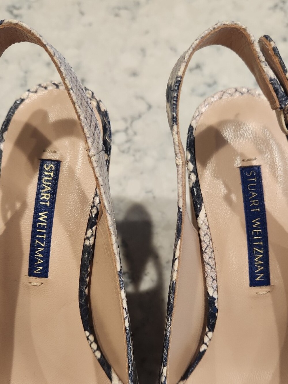 Stuart Weitzman Beige and Dark Navy Snake-Print Slingback Wedges - Picture 3 of 9
